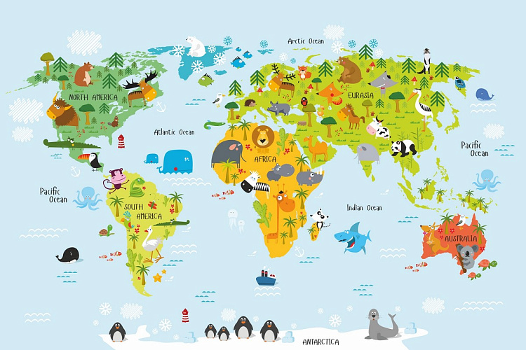 Фотообои карта детская со зверюшками