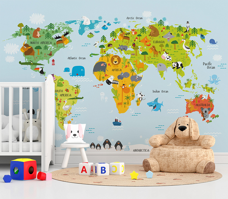 Фотообои карта детская со зверюшками